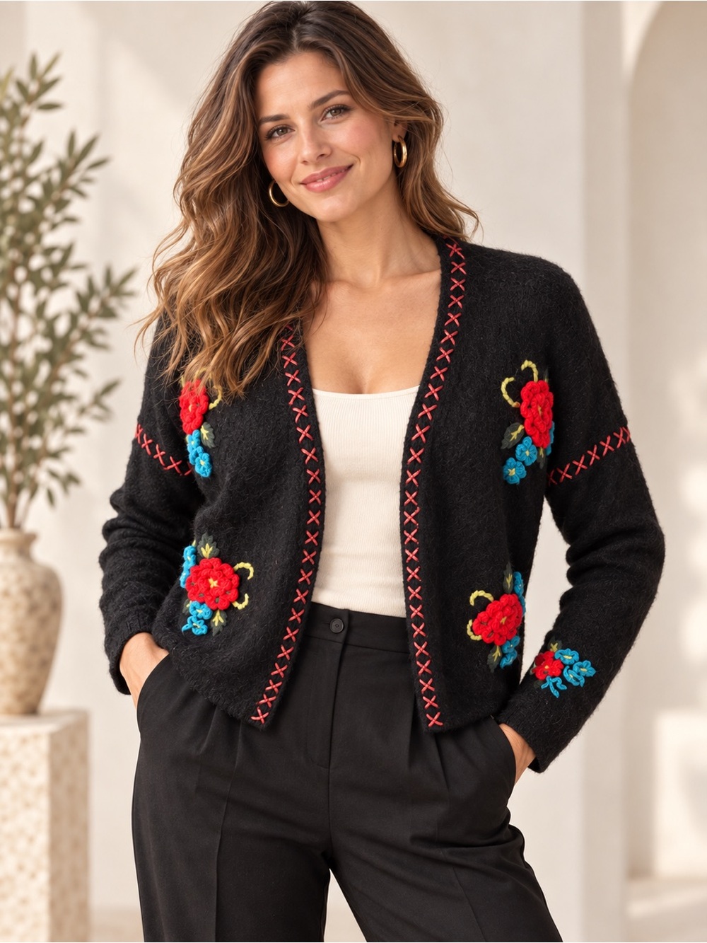 Astrid Clothing Black Floral Embroidered Cardigan One Size New With Tag